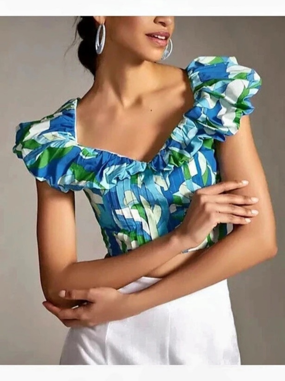 NWT Anthropologie Maeve Abstract Puff Sleeve Tropical Ruffle Crop Top Floral Med